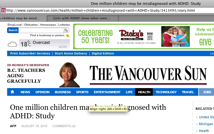 Vancouver Sun 1st article on Elder ADHD Study on August 18th, 2010