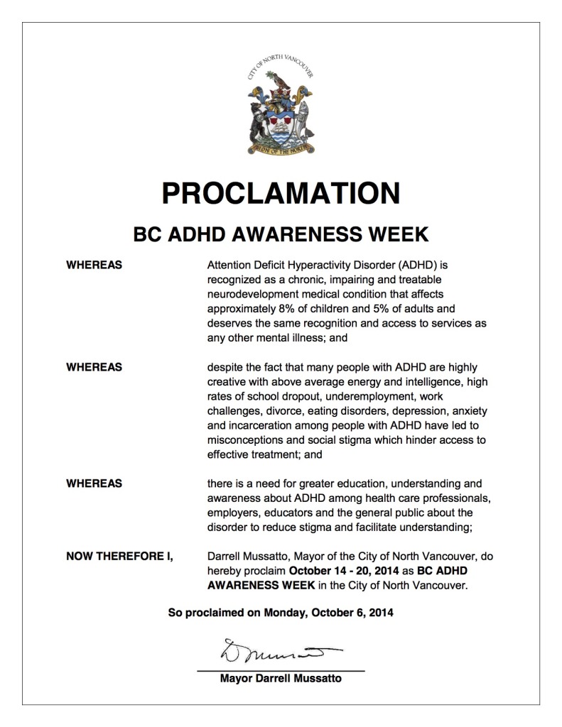 North Vancouver City Council's Proclamation of BC ADHD Awareness Week October 14-20 2014